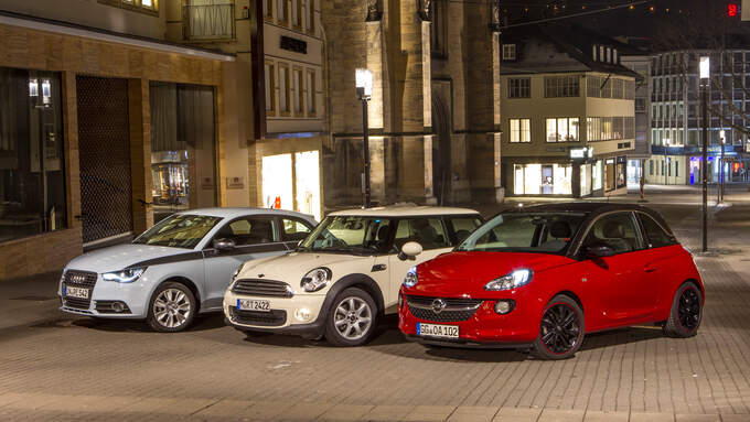 Opel Adam 1.4 ECOFLEX, Audi A1 1.2 TSI, Mini One, Seitenansicht