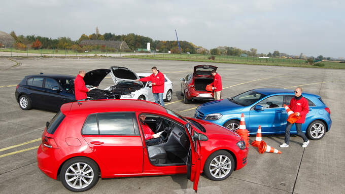 VW Golf 2.0 TDI, Audi A3 2.0 TDI, Mercedes A 200 CDI, BMW 118d Sport Line, Volvo V40 D3, Seitenansicht